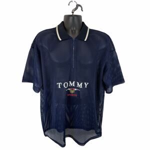 Vintage Tommy Sports Mesh Polo Shirt Navy Blue Size Large USA Made